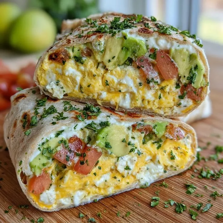 High-protein breakfast wrap with cottage cheese and avocado on a white plate