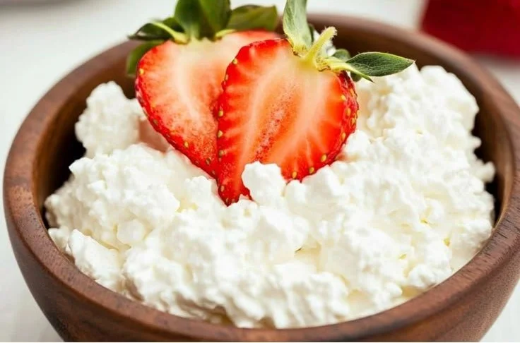Bowl of fresh homemade cottage cheese served with fruits