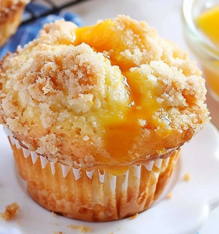 Freshly baked homemade peach cobbler muffins topped with fresh peaches