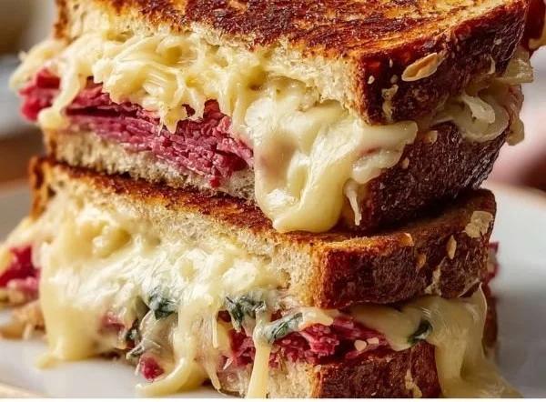 Homemade Reuben sandwich with corned beef, sauerkraut, and cheese on rye bread