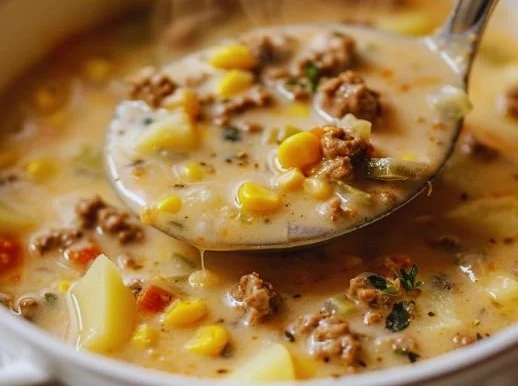 Bowl of homemade soup with fresh vegetables and herbs