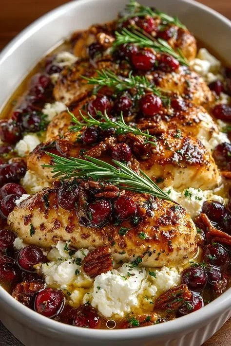 Honey cranberry chicken bake topped with ricotta cheese, a quick dinner recipe.