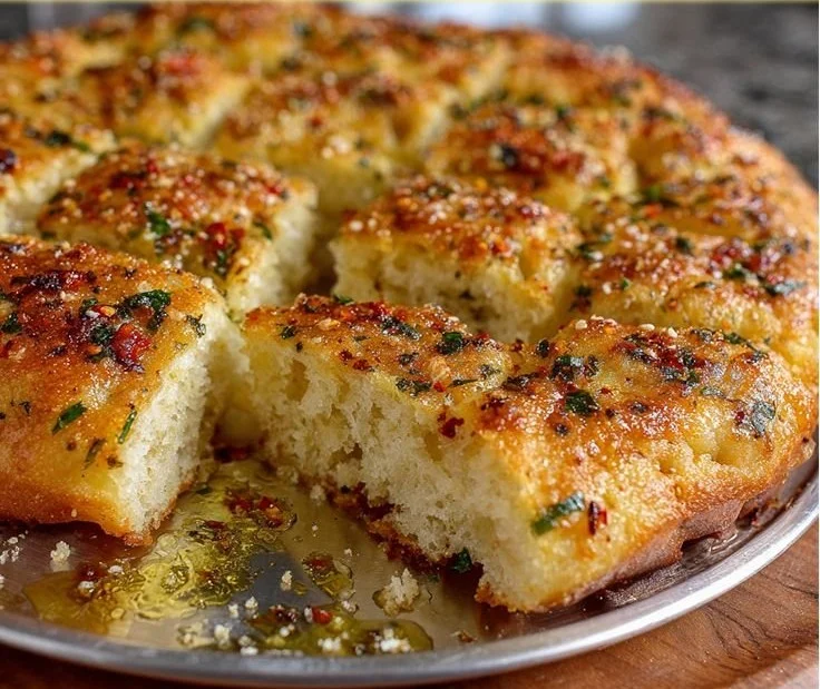 Freshly baked Hot Honey Focaccia topped with Garlic and Parmesan cheese