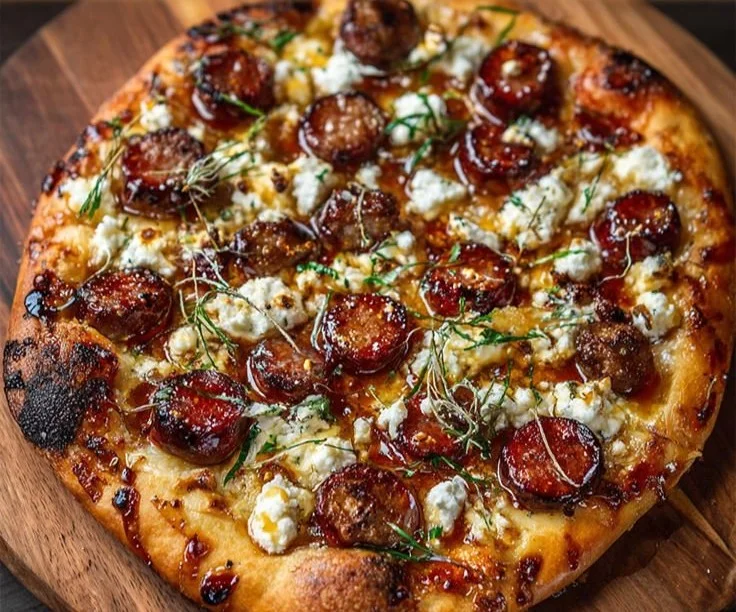 Delicious hot sausage feta honey pizza topped with fresh ingredients