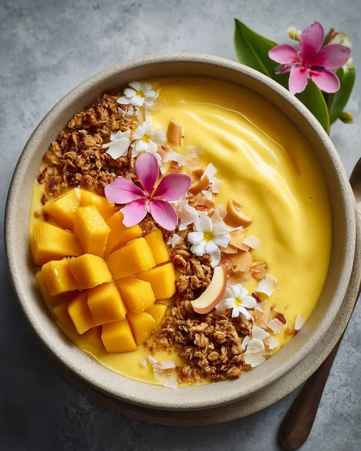 Iced mango lassi smoothie bowl topped with fresh fruit and nuts