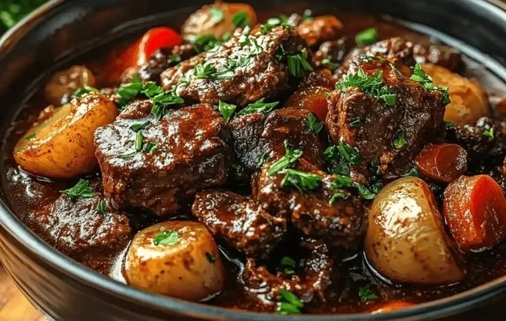 Delicious slow cooker beef bourguignon served in a rustic bowl