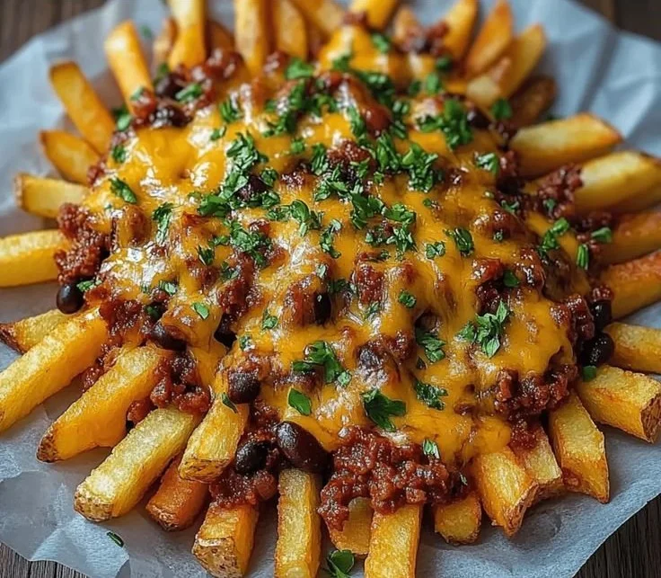 Delicious bowl of chili cheese fries topped with melted cheese and diced jalapeños