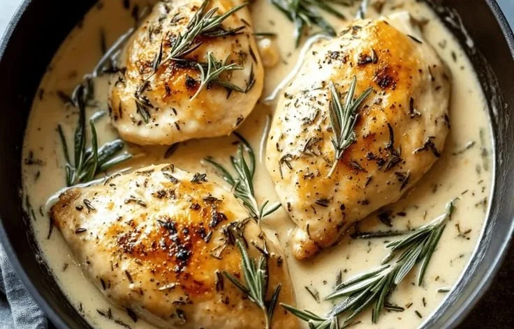 Creamy Dijon Rosemary Chicken served on a plate garnished with rosemary sprigs