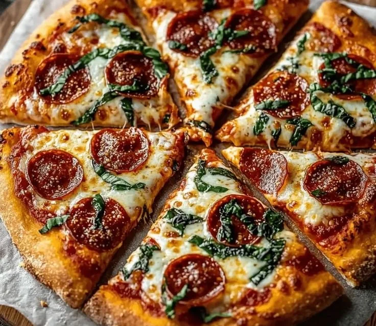 Delicious hot honey pepperoni pizza garnished with creamy ricotta cheese.