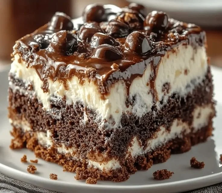 Delicious slice of indulgent Mississippi Mud Cake topped with chocolate frosting