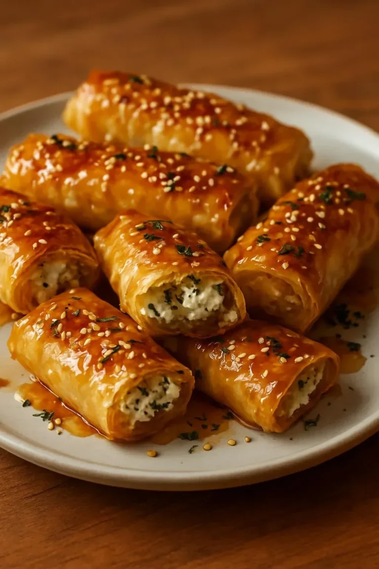 Oven fried feta rolls topped with chili honey for a delicious appetizer.