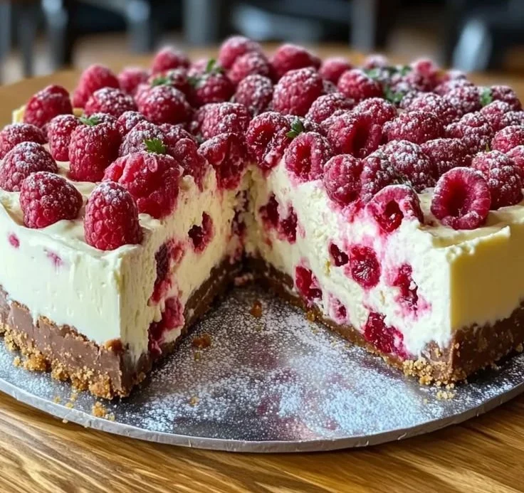 Indulgent white chocolate raspberry cheesecake topped with fresh raspberries