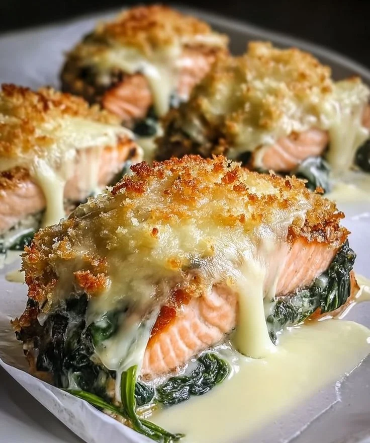 Delicious baked salmon with spinach and mozzarella on a plate