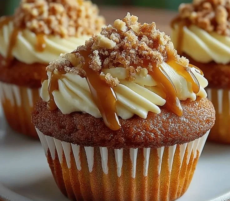 Banana caramel cupcakes with peanut butter frosting on a plate
