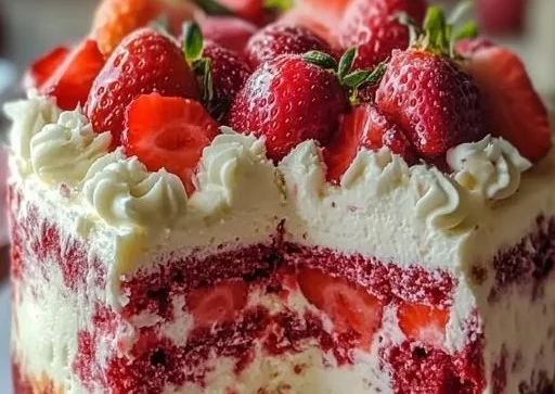Delicious strawberry earthquake cake with creamy textures and vibrant colors.