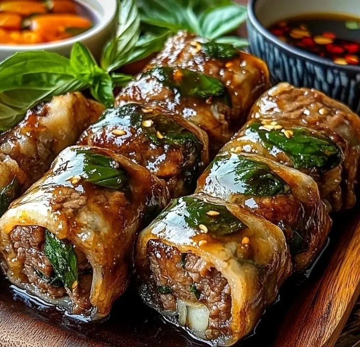 Plate of delicious Thai Basil Beef Rolls with fresh herbs and dipping sauce