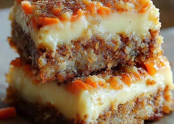 Delicious carrot cake cream cheese bars topped with frosting and walnuts