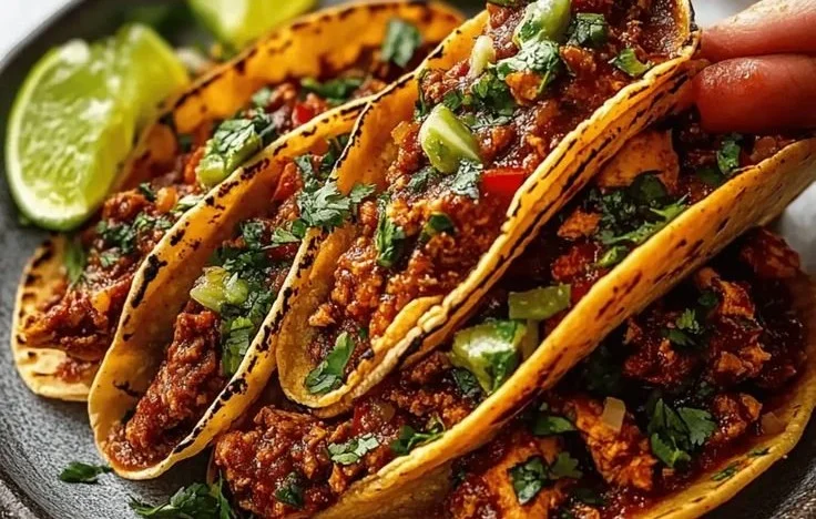 Plate of irresistibly juicy chicken birria tacos with fresh toppings