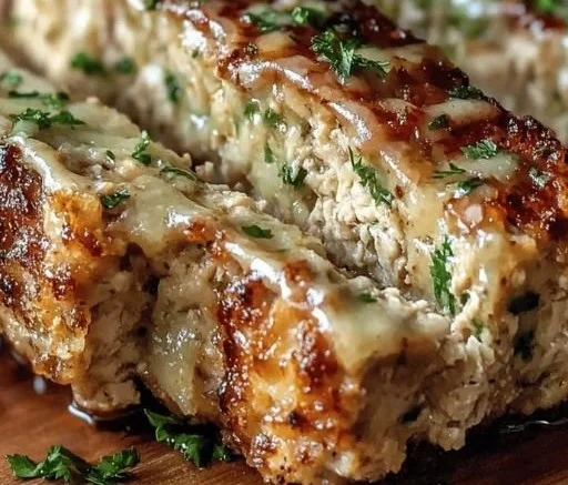 Juicy Garlic Parmesan Chicken Meatloaf garnished with parsley on a plate