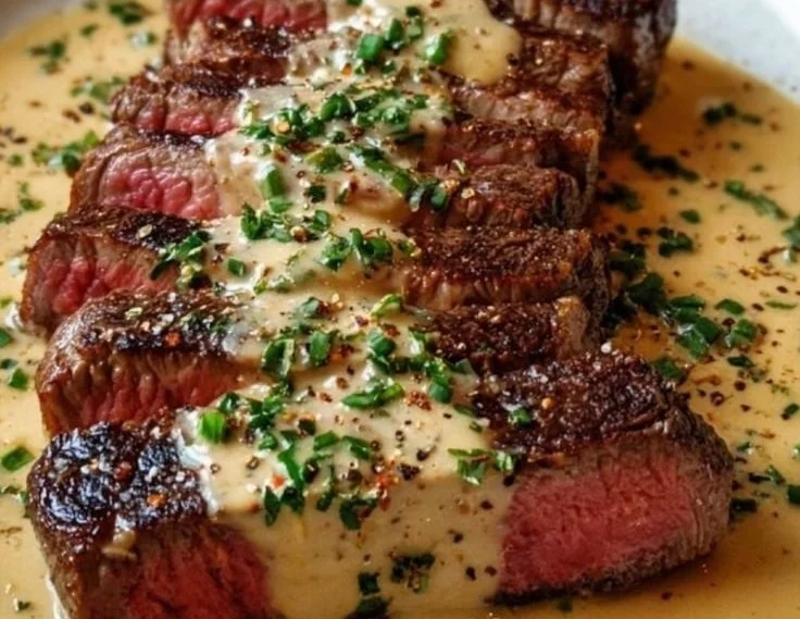 Juicy steak served with creamy garlic sauce on a plate