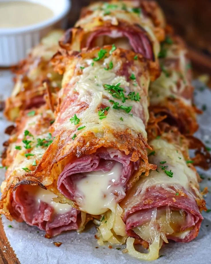 Plate of Keto Crispy Reuben Roll-Ups with a side of dipping sauce