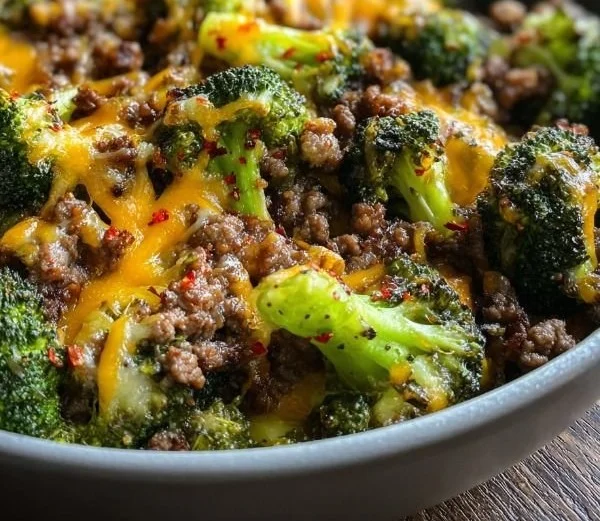 A delicious Keto Hamburger Broccoli Skillet served in a pan with fresh herbs.
