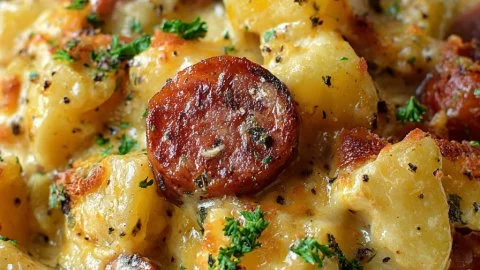 Cheesy kielbasa sausage potato casserole served in a baking dish