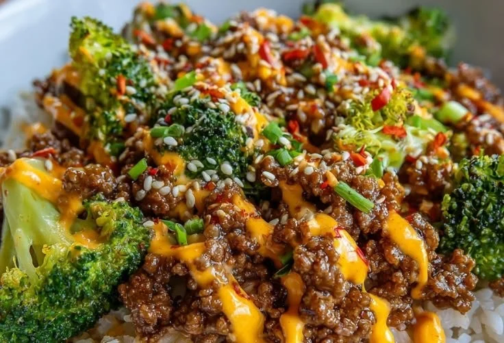 Delicious Korean Beef Bowl topped with spicy mayo and fresh vegetables