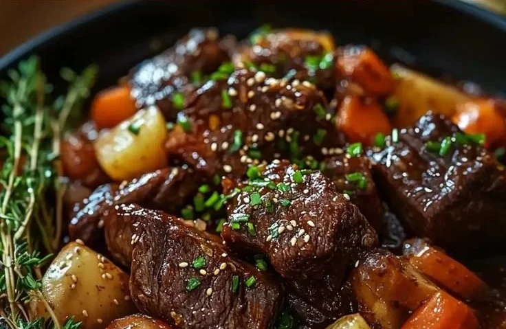 Korean style pot roast with vegetables and sauce in a serving dish