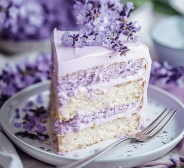 Lavender Cake with Lavender Buttercream Frosting on a decorative plate