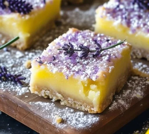 Delicious Lavender Lemon Bars with a lemon glaze and lavender sprigs