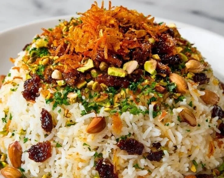 Delicious Lebanese Hashweh dish made with spiced rice, ground meat, and nuts.