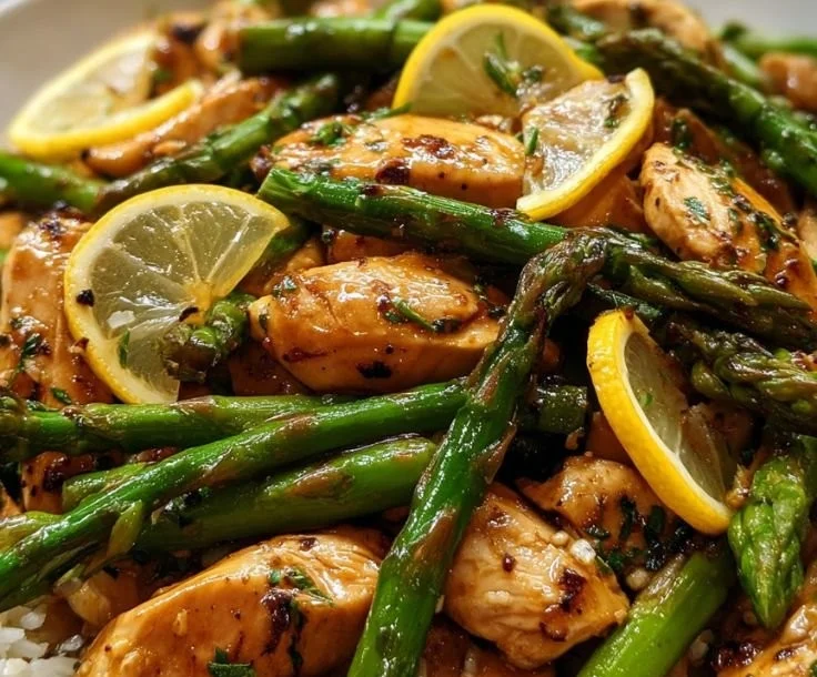 A vibrant Lemon Chicken Stir-Fry with asparagus garnished with fresh herbs.