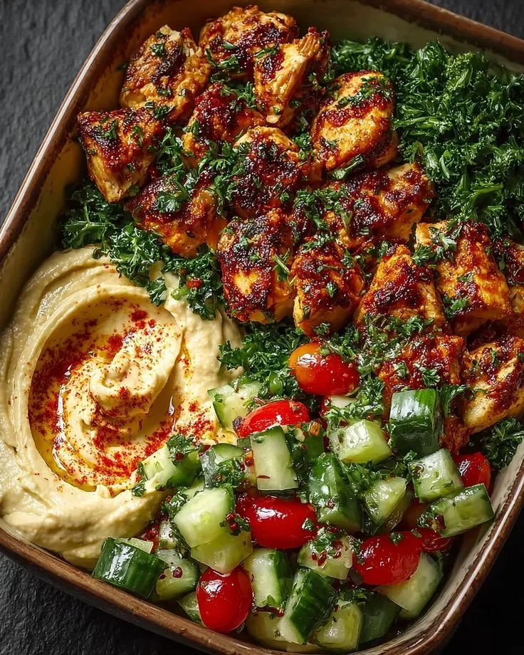 Delicious Lemon Chili Grilled Chicken Bowls with cucumber salad and hummus