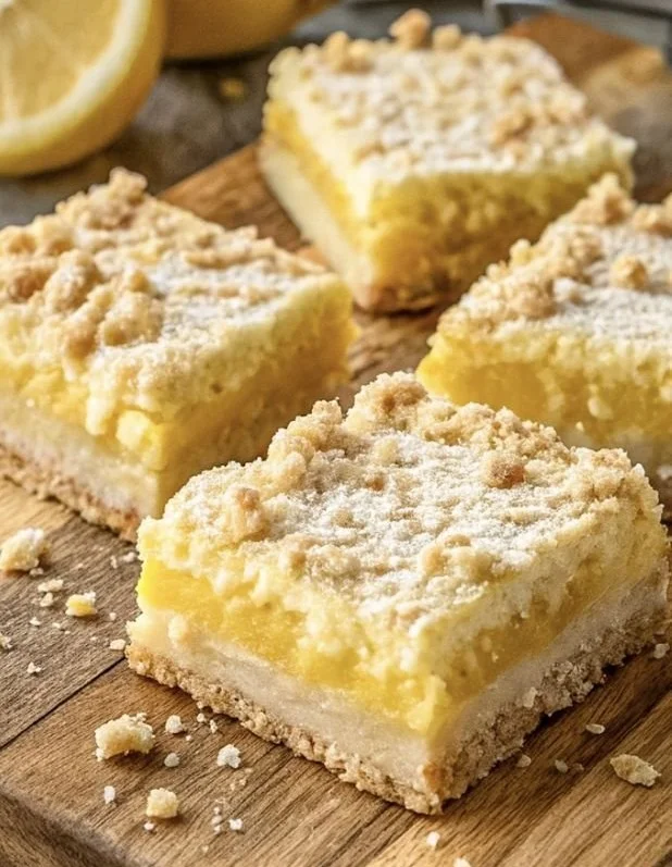 Freshly baked lemon crumb bars on a plate, showcasing their crumbly texture.