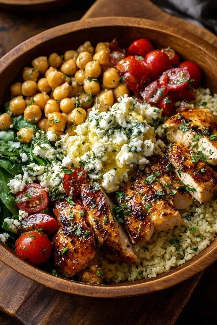 Lemon-Herb Chicken Bowl with Chickpeas and Feta served in a bowl