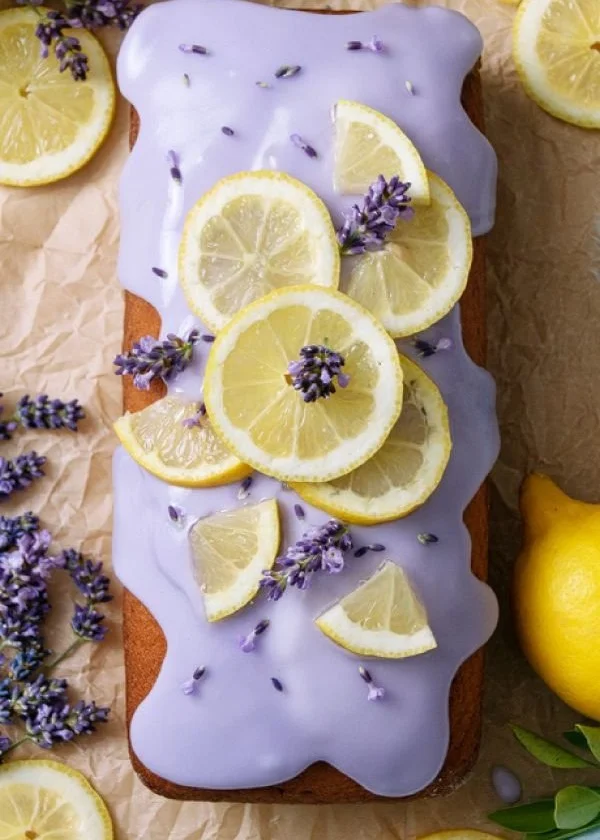 Deliciously baked Lemon Lavender Cake with elegant frosting and lavender sprigs.