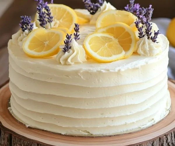 A slice of Lemon Lavender Cake showcasing its moist texture and vibrant lemon glaze.