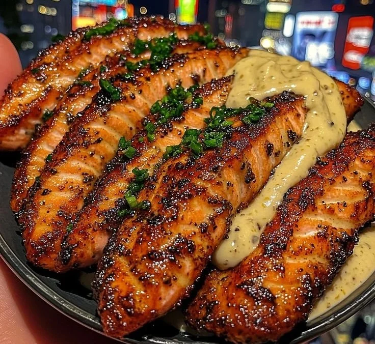 Lemon pepper salmon strips served with garlic aioli on a plate.