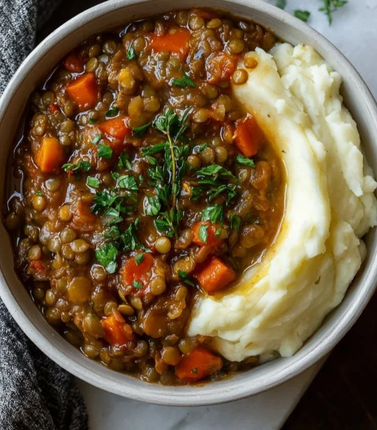 Bowl of lentil stew served over creamy mashed potatoes