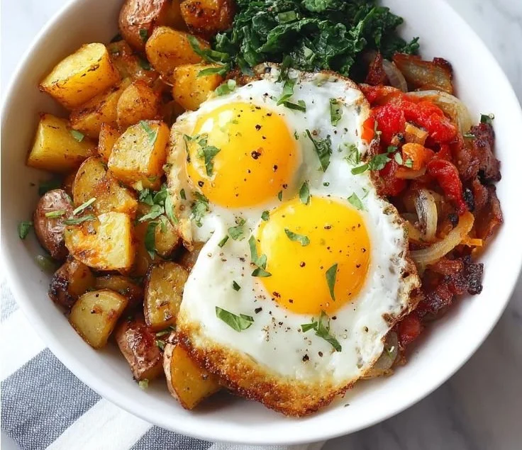 Delicious loaded breakfast bowl filled with fresh vegetables, eggs, and grains.