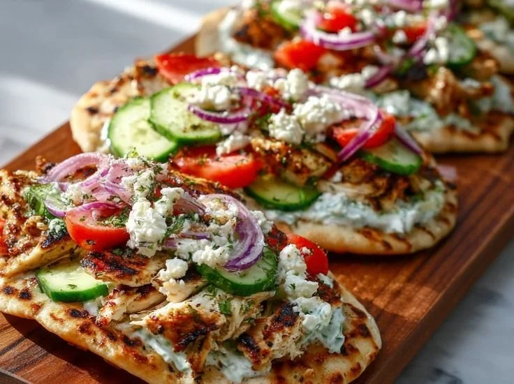 Loaded grilled chicken Greek pita flatbreads with fresh ingredients