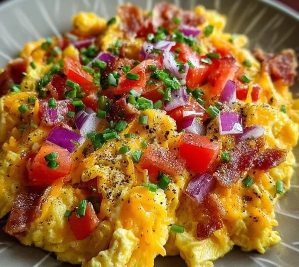 Delicious loaded scrambled eggs topped with vegetables and cheese
