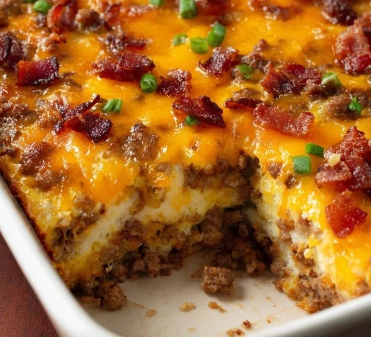 Low-Carb Bacon Cheeseburger Casserole topped with cheese and bacon