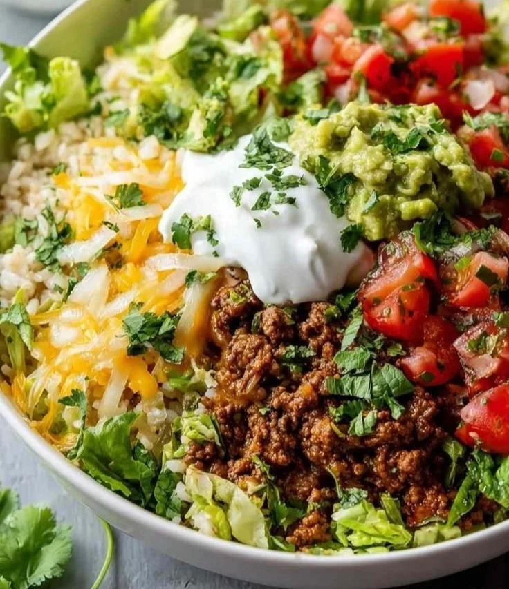 Healthy low carb burrito bowl with fresh veggies and protein