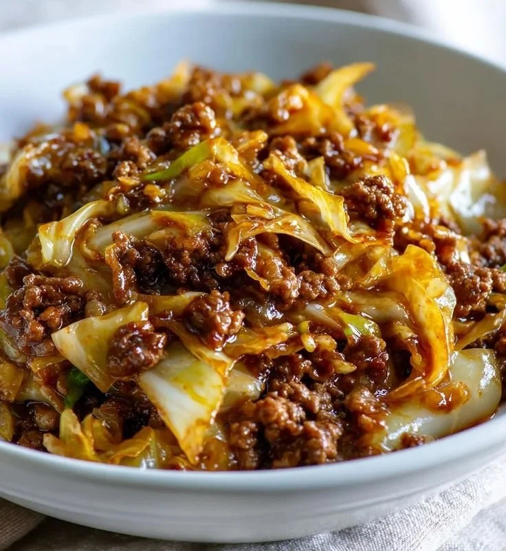Low Carb Mongolian Ground Beef Stir-Fry with Cabbage in a skillet