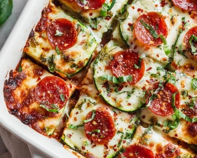 Low carb zucchini pizza bake topped with fresh ingredients and melted cheese