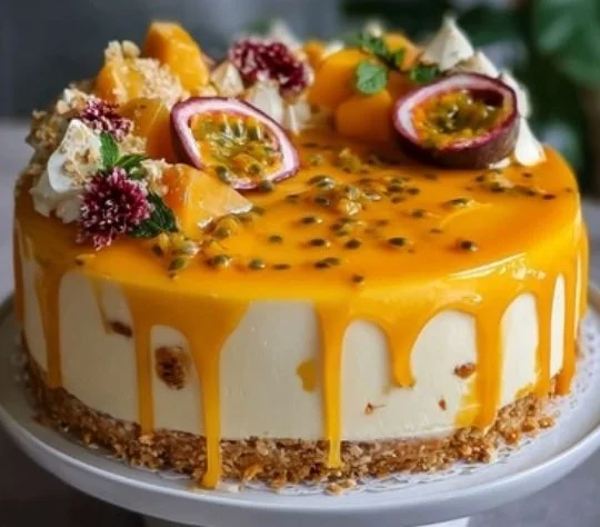Slice of Mango Passionfruit Cheesecake cake with fresh mango and passionfruit toppings.