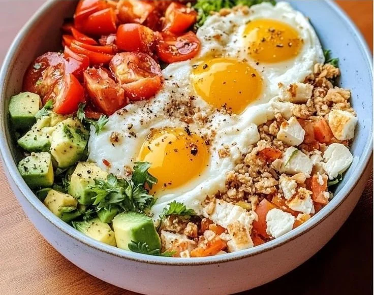 Colorful Mediterranean breakfast bowls with fresh ingredients and vibrant flavors.