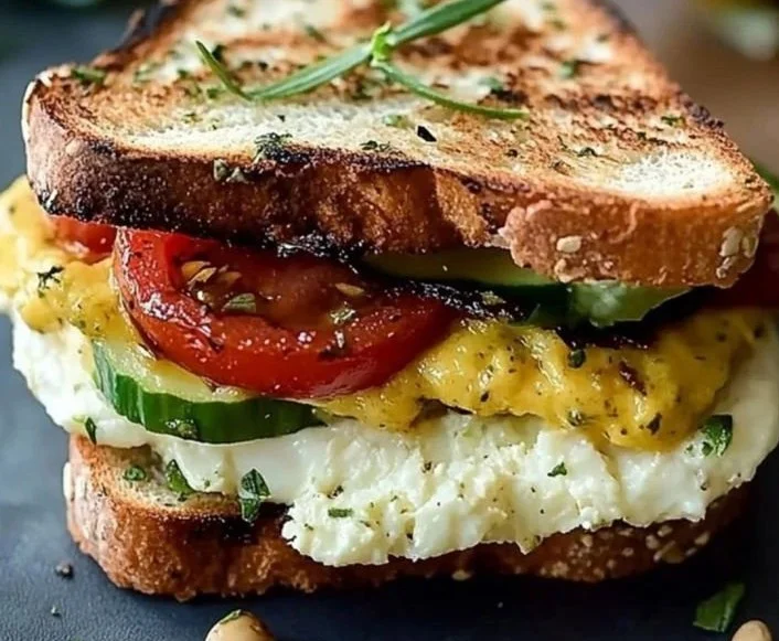 Mediterranean breakfast sandwich with fresh vegetables and herbs